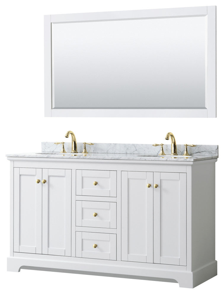 60"DBL Bath Vanity White, Carrara Countertop, Sinks, 58" Mirror, Gold Trim