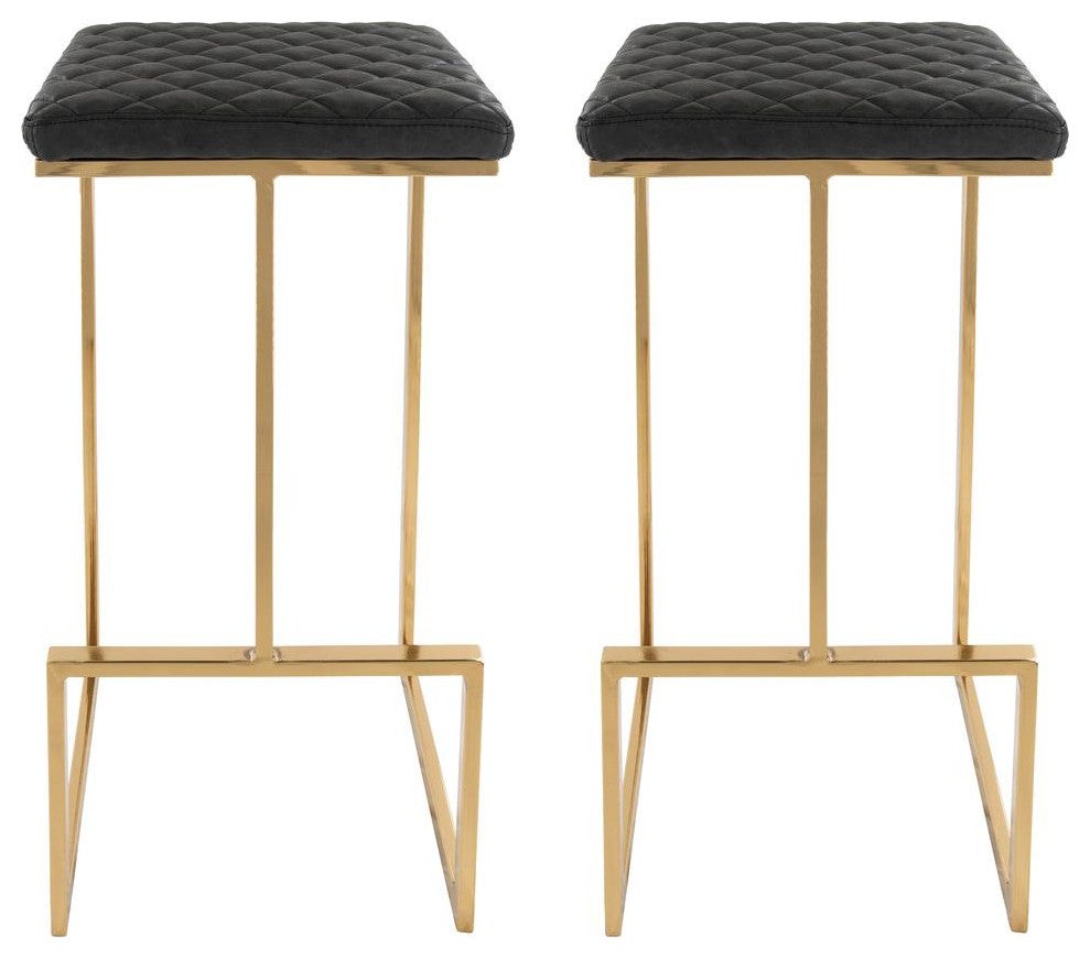 LeisureMod Quincy Leather Bar Stools With Gold Metal Frame Set of 2
