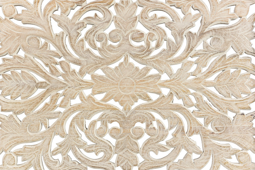 Delaney Floral Carved Bed, Sand White, Queen