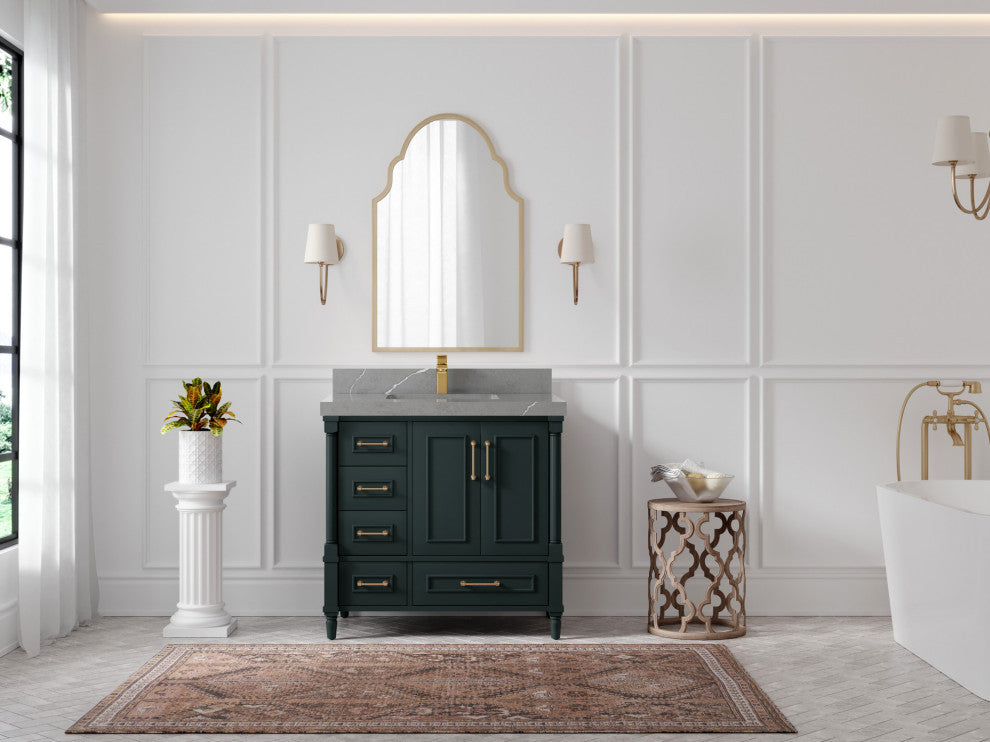 Aberdeen 36 Center Sink Bath Vanity in Dark Forest Green 2" Piatra Gray
