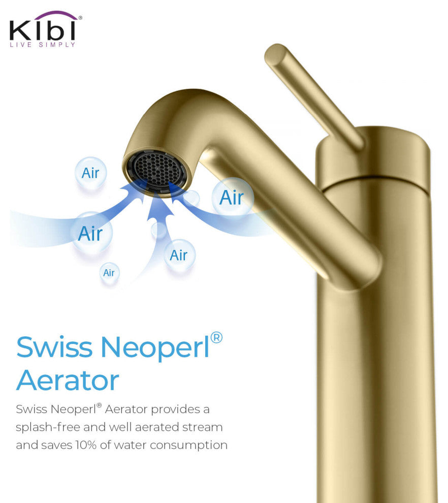 Circular Brass Single Handle Bathroom Faucet KBF1009, Brush Gold, With Drain