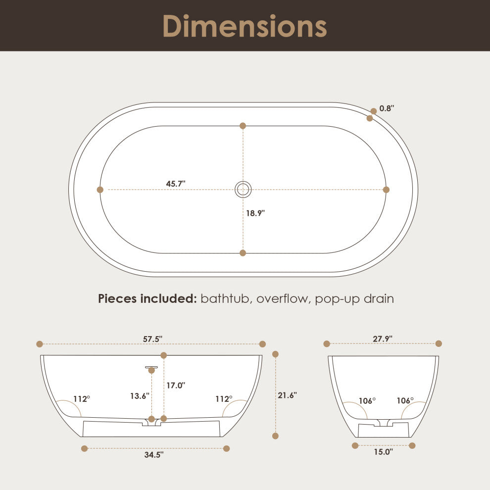 Ryder Flatbottom Freestanding Solid Surface Soaking Bathtub, Matte White, 59inch