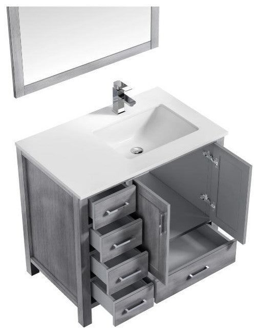 Jacques 36" Distressed Grey Single Sink Vanity with Quartz Top, Right Version, W