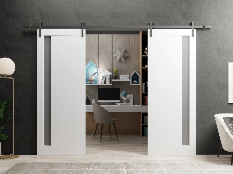 Double Barn Door 60 x 84 &, Planum 0660 Painted White & Frosted Glass, 13ft
