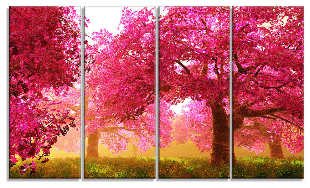 Mysterious Red Cherry Blossoms, Large Landscape Canvas Art, 48"x28", 4 Panels