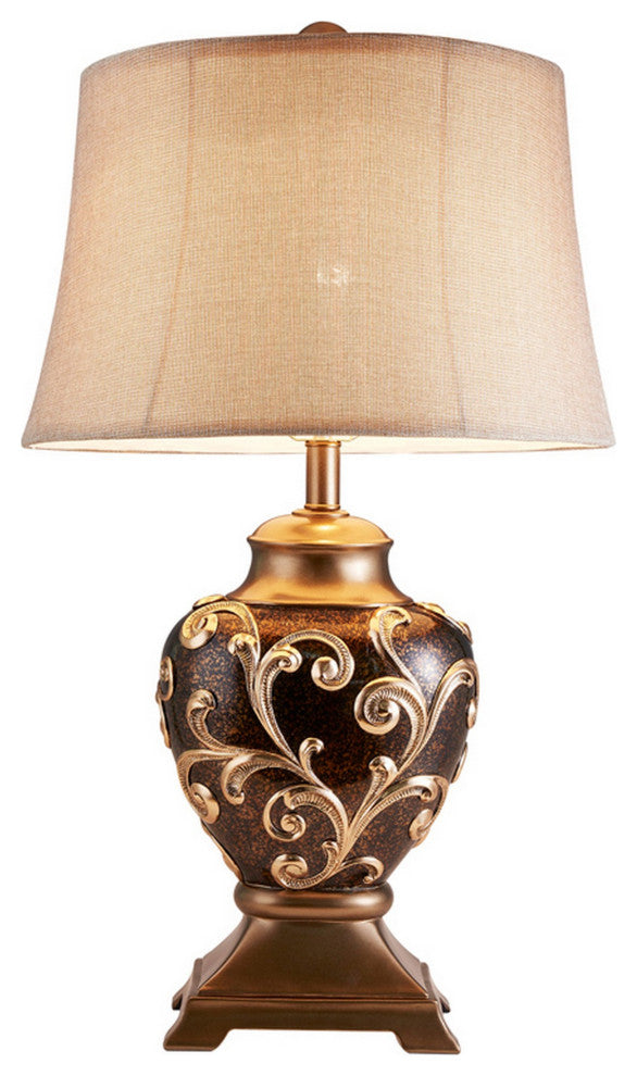 Benzara BM240299 Table Lamp With Filigree Accent Base and Fabric Shade, Brown