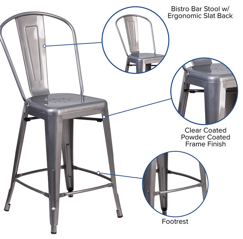 24'' High Clear Coated Counter Height Stool With Back