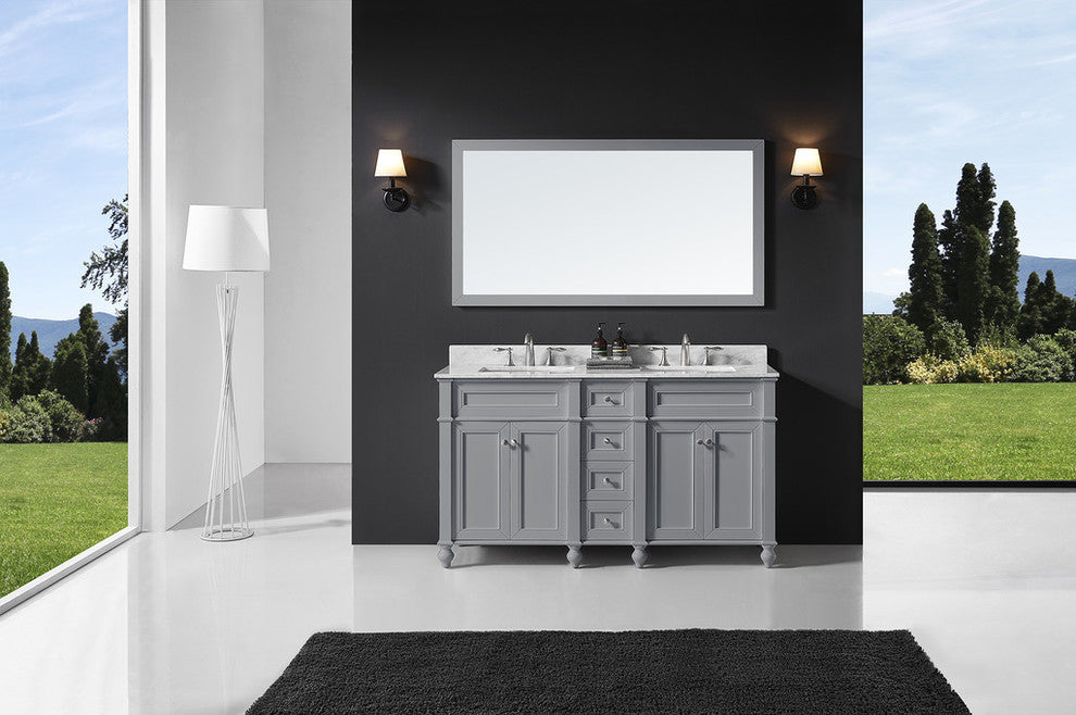 60" Double Bathroom Vanity, Taupe Gray with Carrara White Marble Top