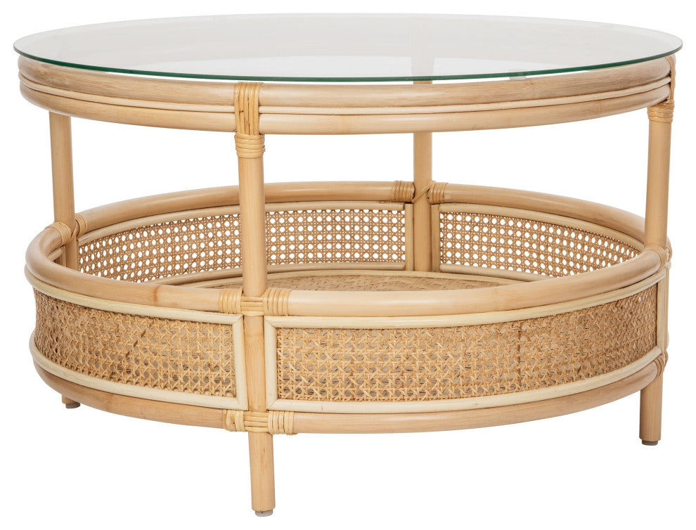 Rattan Cane Round 2-Tier Shelf Coffee Table Glass Top
