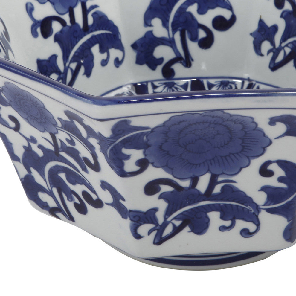 Benzara BM285587 11" Bowl With Floral Pattern on Blue and White Porcelain