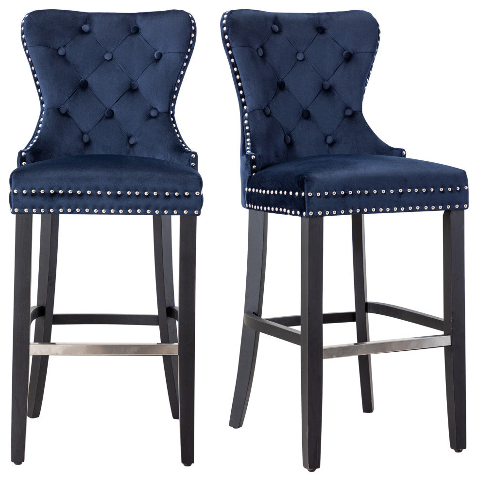 WestinTrends 2PC 29" Wingback Diamond Tufted Glam Velvet Bar Stool Set, Black, Velvet Navy Blue