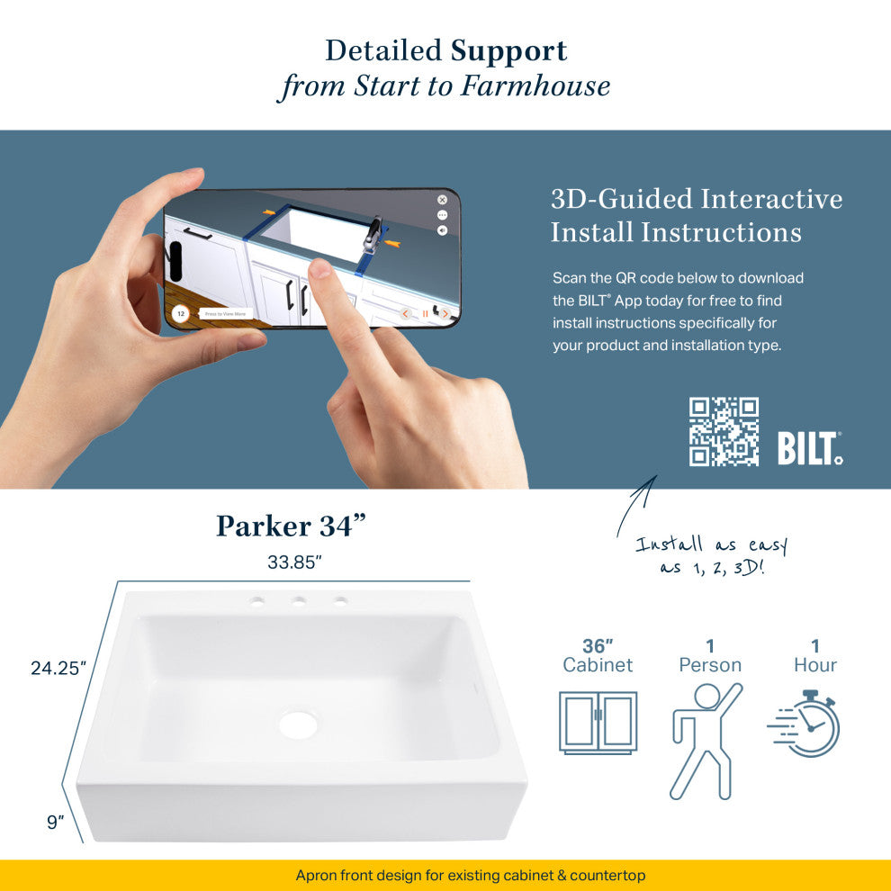 Parker White Fireclay 34" Single Bowl Quick-Fit Drop-In Kitchen Sink, 4 Holes