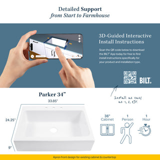 Parker White Fireclay 34" Single Bowl Quick-Fit Drop-In Kitchen Sink, 4 Holes