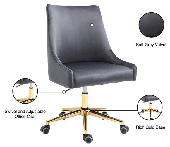 Contemporary Office Chair, Soft Velvet Seat With Adjustable Height, Gray/Gold