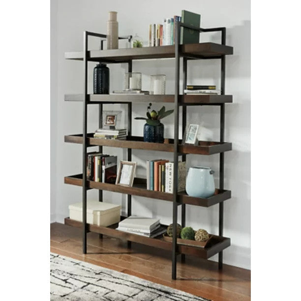 Industrial Bookcase, Black Metal Frame With Rectangular Open Shelves, Brown