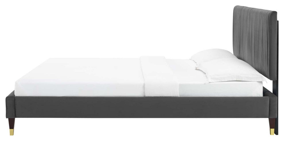 Platform Bed Frame, Twin Size, Velvet, Dark Grey Gray, Modern Contemporary