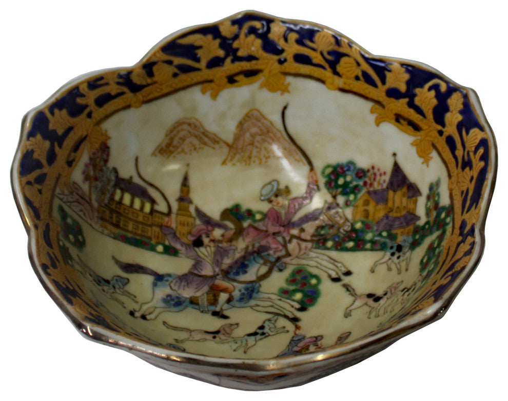 Chinese Oriental Porcelain People & Domino Puppy Bowl Container Hws785