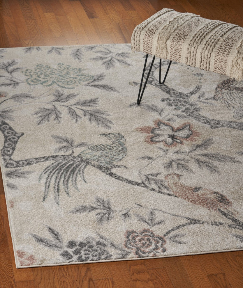 5' x 7' Soft Beige Birds and Trees Area Rug