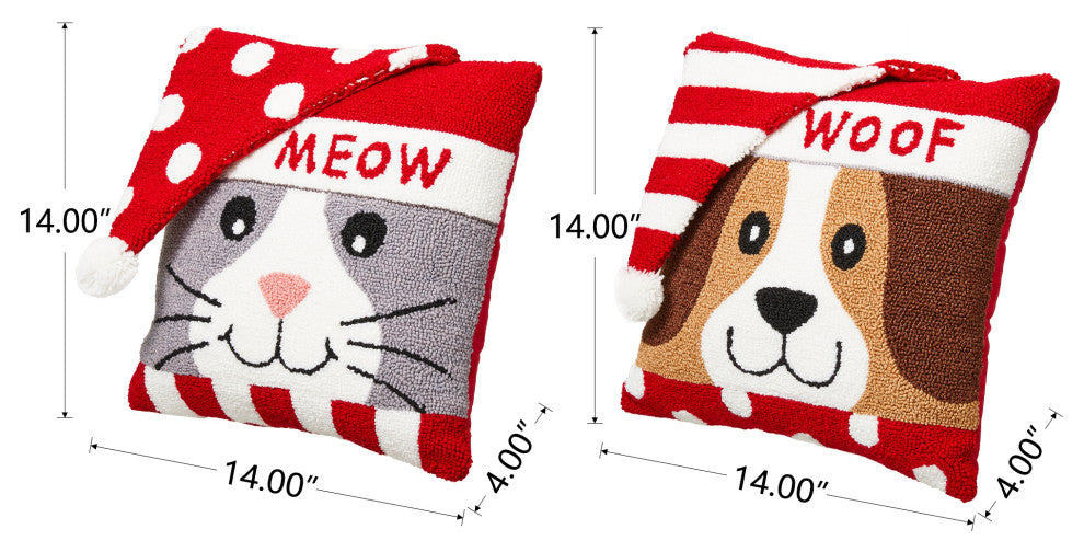 2pk 14"L Hooked 3D Meow and Woof Pillow