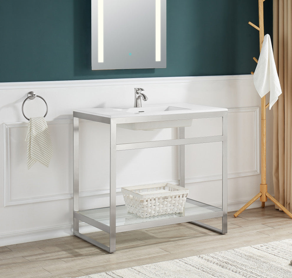ANZZI Orchard 36" Console Sink With Glossy White Counter Top, Brushed Nickel