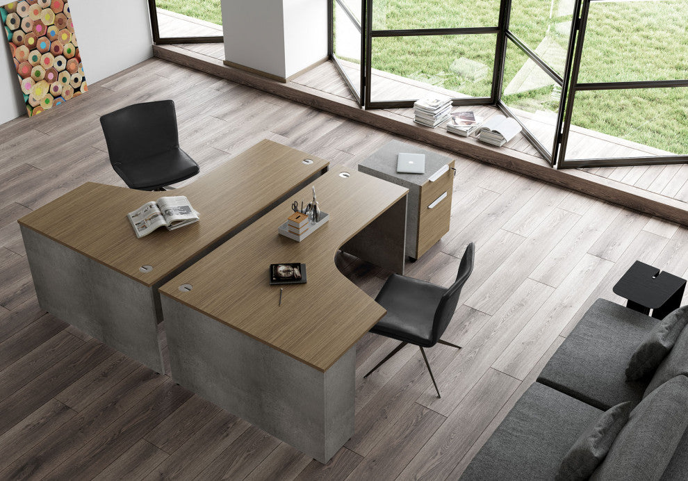 Broome Right-Facing Corner Desk, Weathered Concrete on Latte Walnut