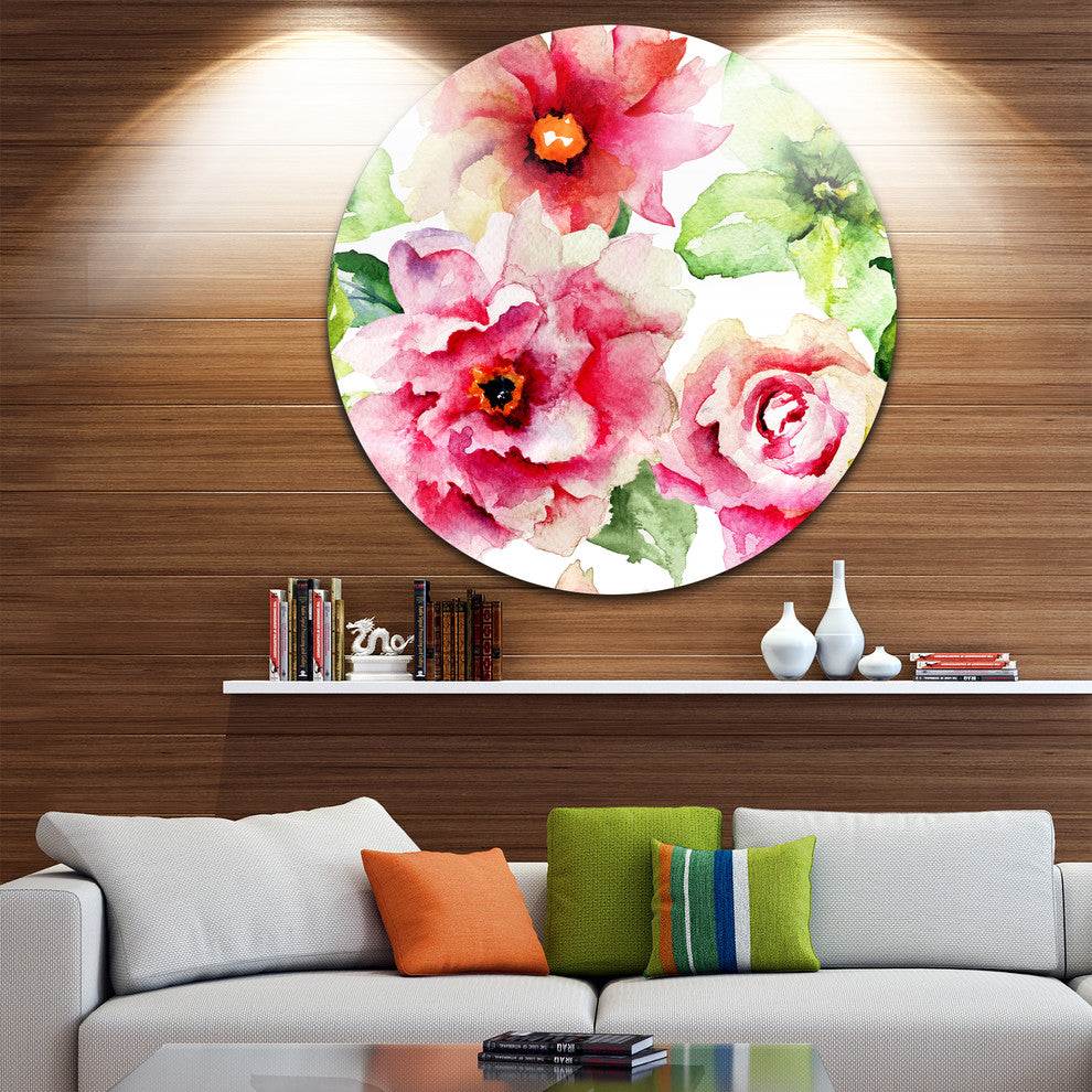 Roses And Gerber Flowers Watercolor, Floral Round Metal Wall Art, 23"