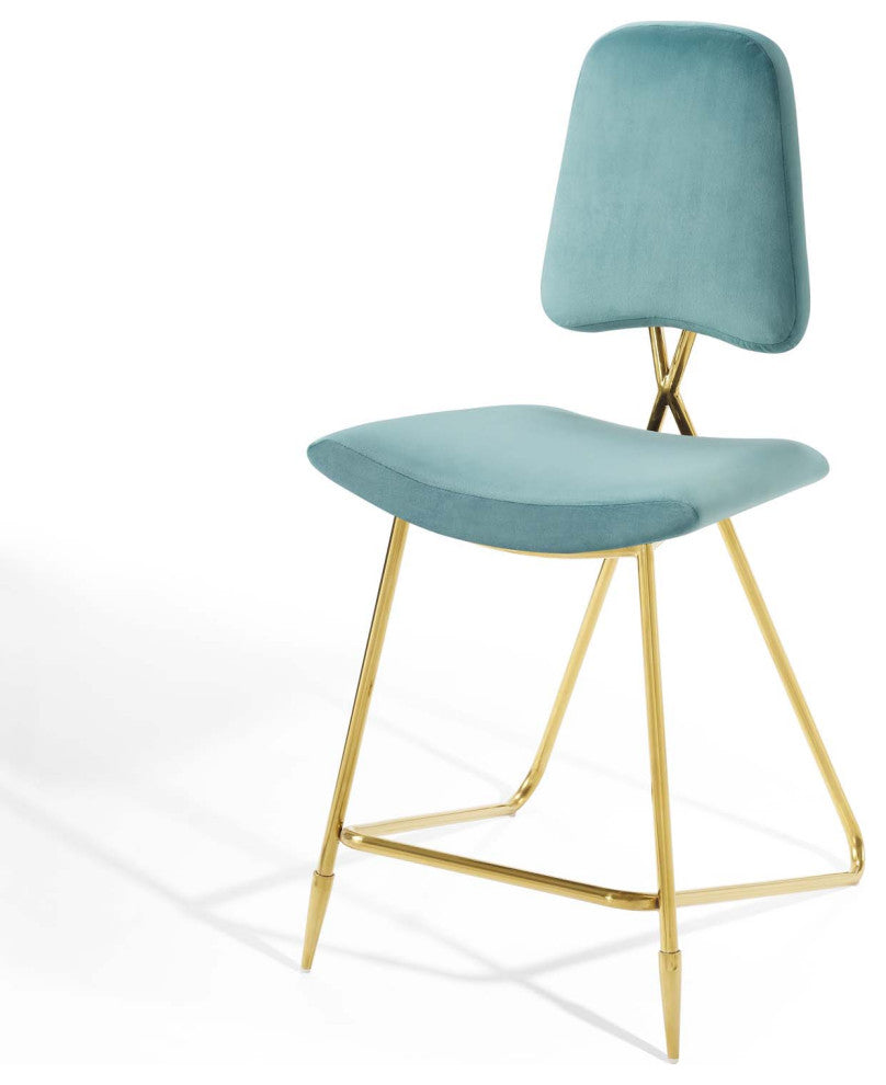 Counter Stool Chair, Set of 2, Velvet, Metal, Blue, Modern, Bar Pub Cafe Bistro