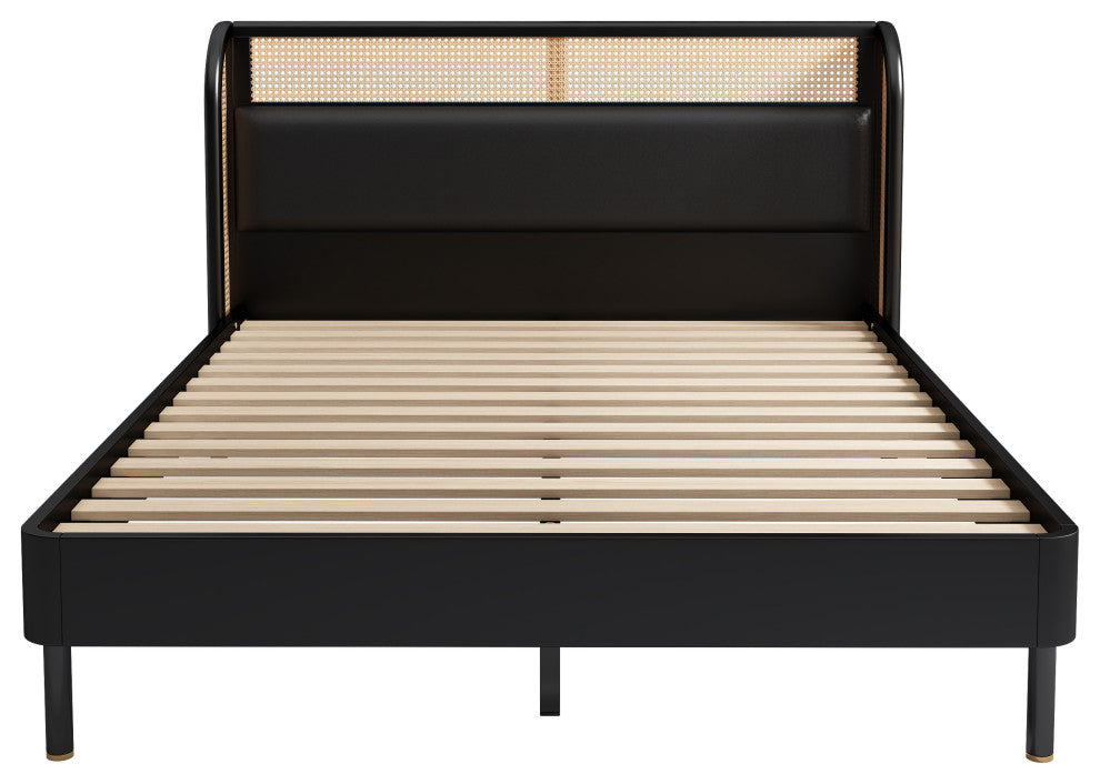 TATEUS PU Modern Cannage Rattan Wood Platform Queen Bed, Black