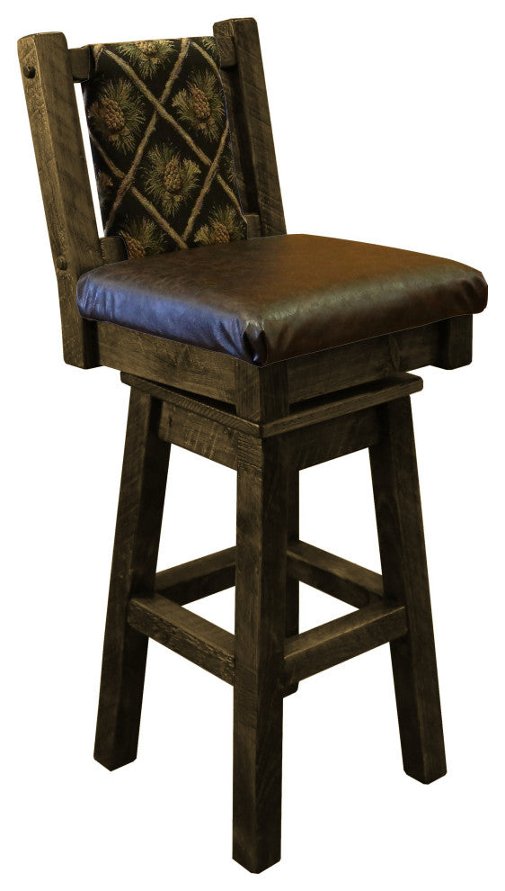 Barnwood Style Timber Peg Swivel Upholstered Barstool, Driftwood, Black Pine Cone and Quarter Espresso, Bar Height