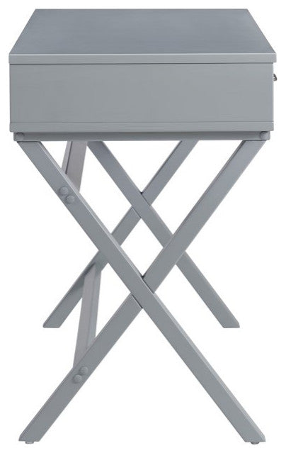Contemporary Desk, Pine Wood Frame With X-Shaped Sides & 2 Drawers, Gray Finish