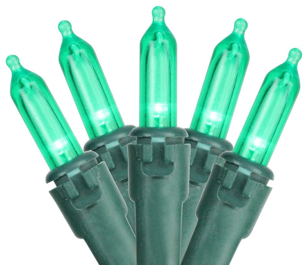 Set of 50 Green LED Mini Christmas Lights 4" Spacing - Green Wire