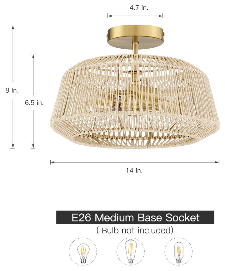 14" W 2-Light Rattan Semi-Flush Mount Ceiling Light