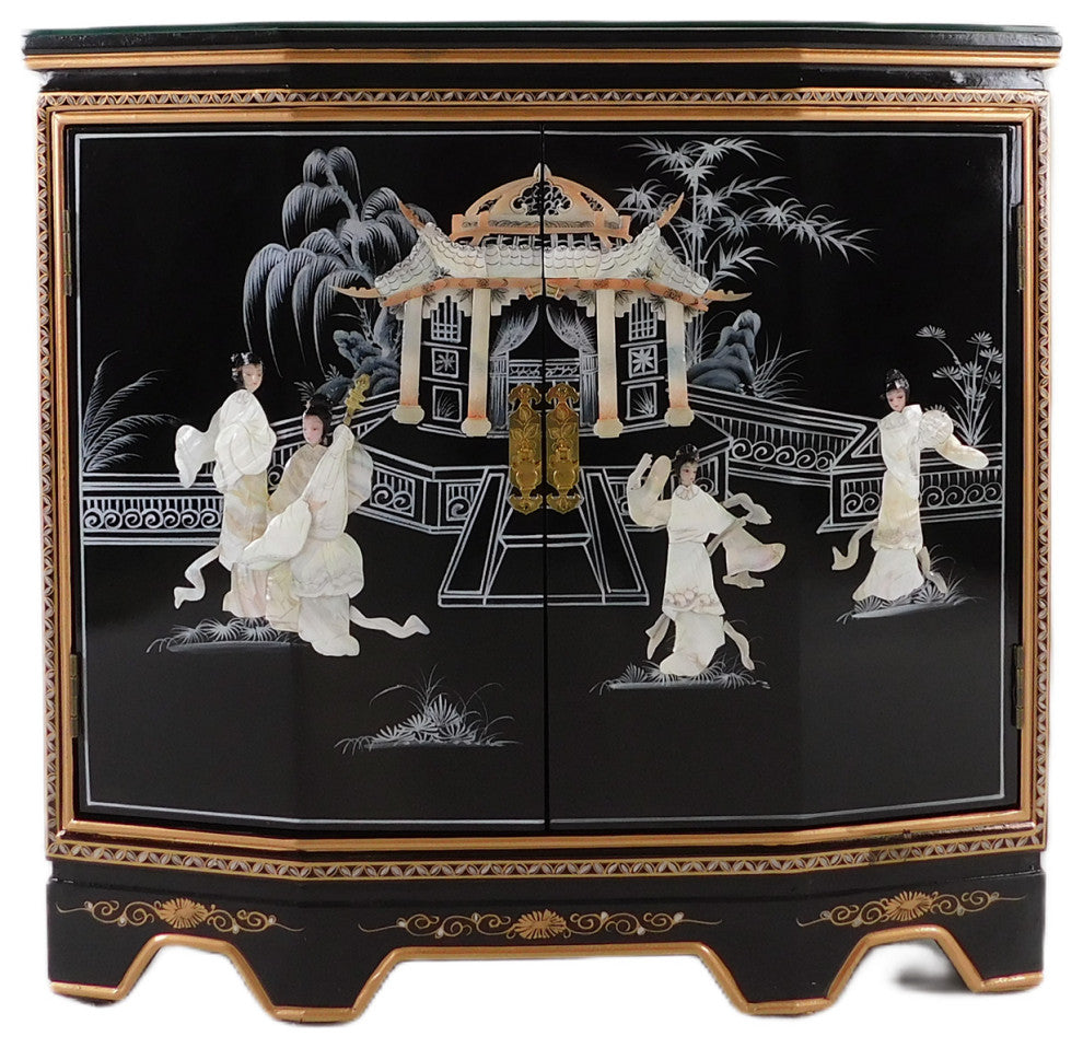 Oriental Slant Front Cabinet With Mother of Pearl, Hand Painted Black With Mother of Pearl