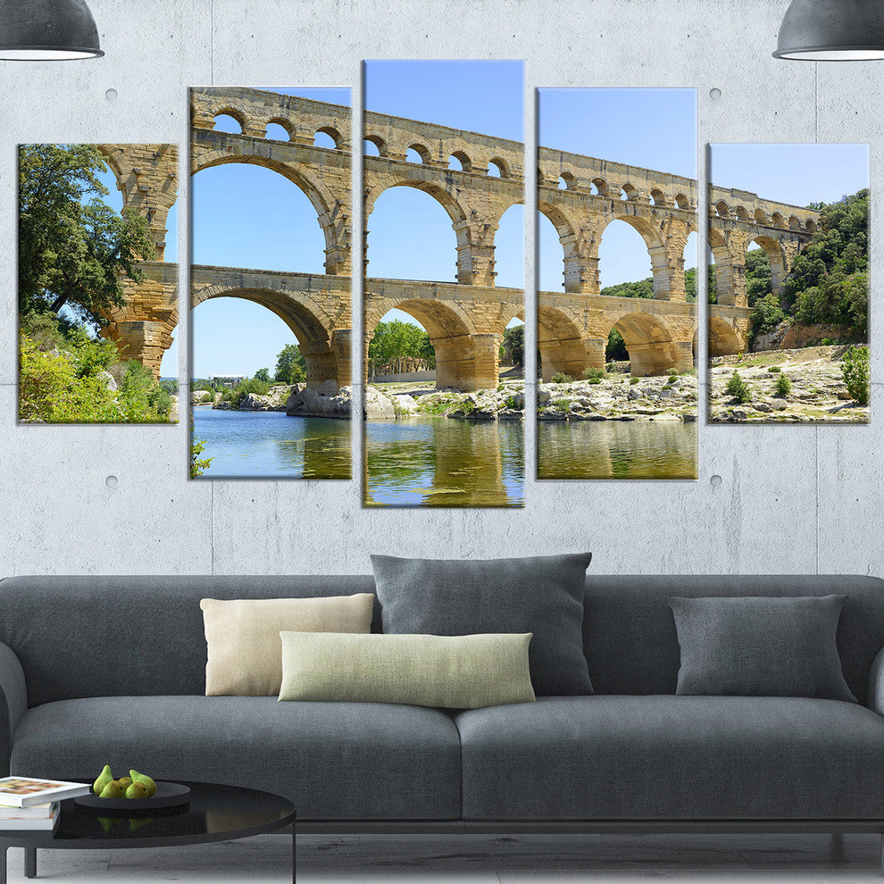 Roman Aqueduct Bridge in France, Bridge Canvas Wall Art, 60"x32", 5 Panels
