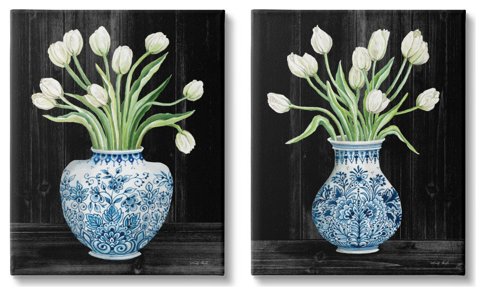 White Tulips Chinese Ceramic Urn Patterned Porcelain, 2pc, each 16 x 20