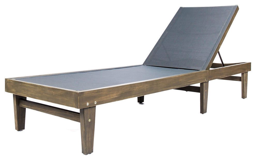 GDF Studio Della Outdoor Mesh Chaise Lounge With Acacia Wood Frame, Gray/Dark Gray