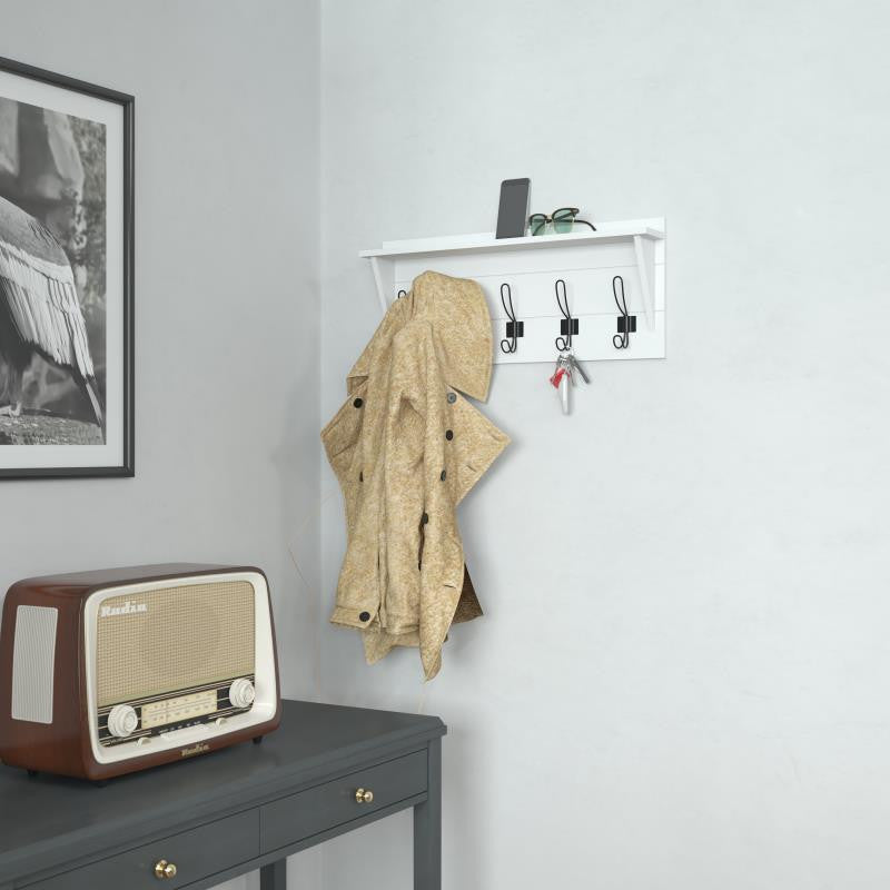 Daly Wall Mounted Solid Pine Wood Storage Rack With Upper Shelf and 5 Hooks, Solid White