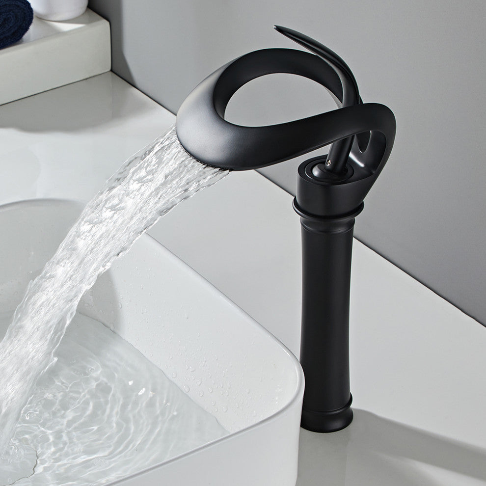 Elegant Waterfall Bathroom Faucet, Single Handle, Solid Brass, Black, Long