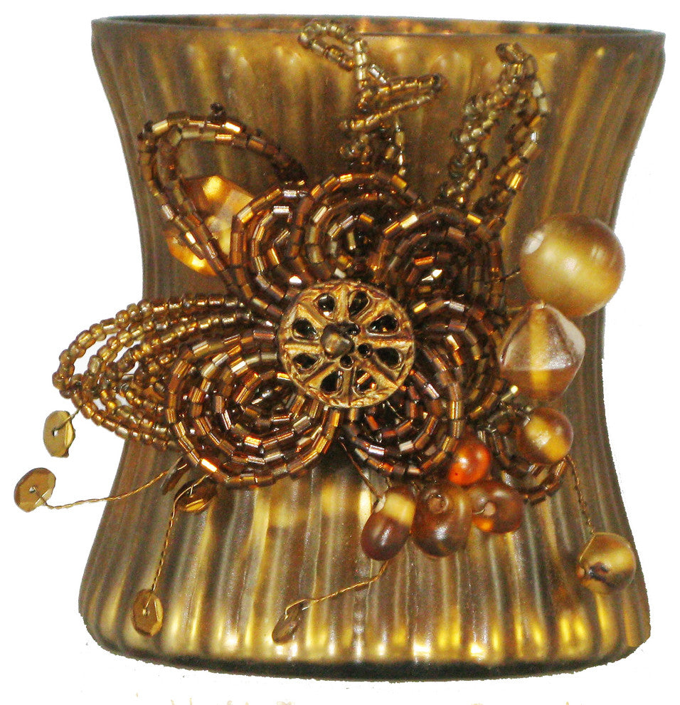 Mercury Glass Beaded Amber Votive Holder
