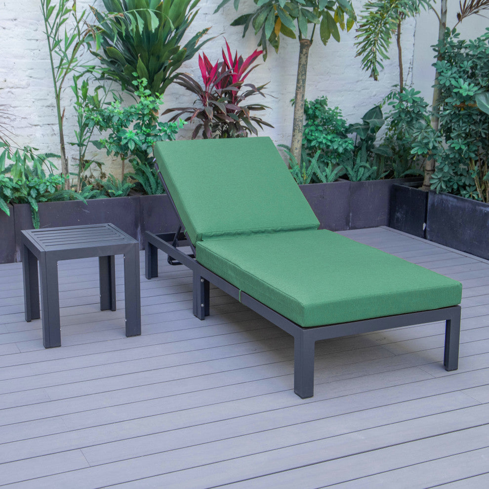 LeisureMod Chelsea Chaise Lounge Chair With Cushions & Side Table, Green