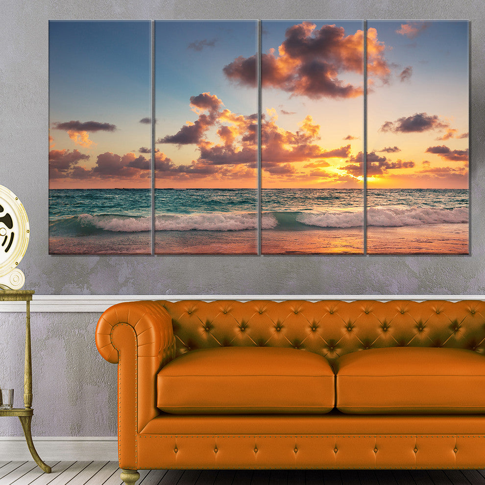 Sunrise on Beach of Caribbean Sea, Beach Canvas Wall Art, 48"x28", 4 Panels