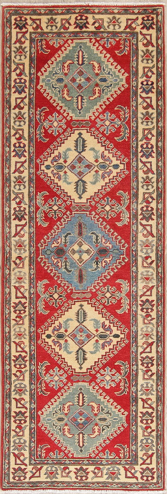 Pakistani Traditional Kazak Wool Hand Made Oriental Runner Rug, Red, 7'10"X2'8"