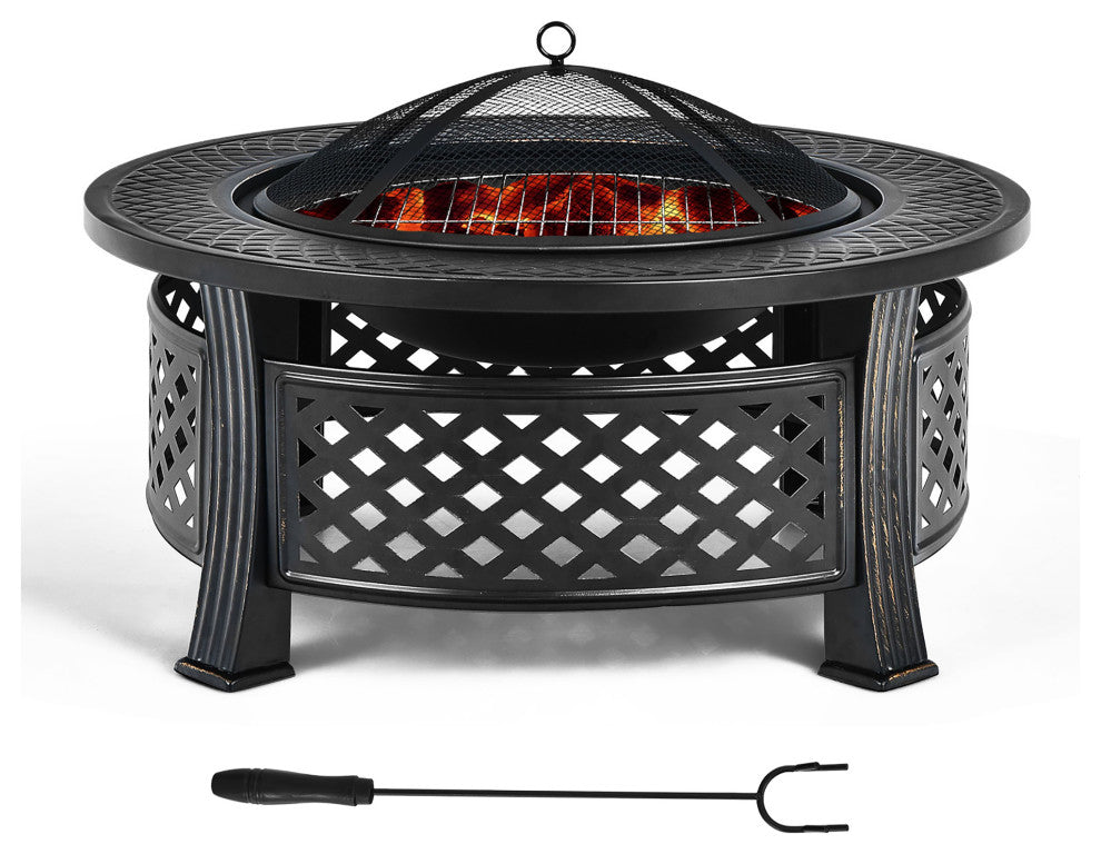 Costway 32'' Round Fire Pit Set W/ Rain Cover BBQ Grill Log Grate Poker