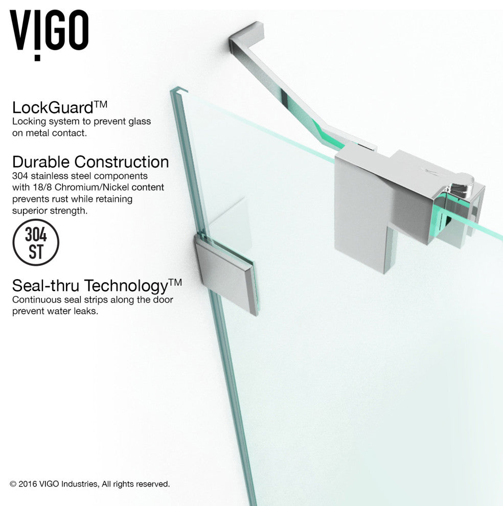 VIGO Pirouette 30" to 36" W x 72" H Frameless Pivot Shower Door, Chrome, Clear Glass
