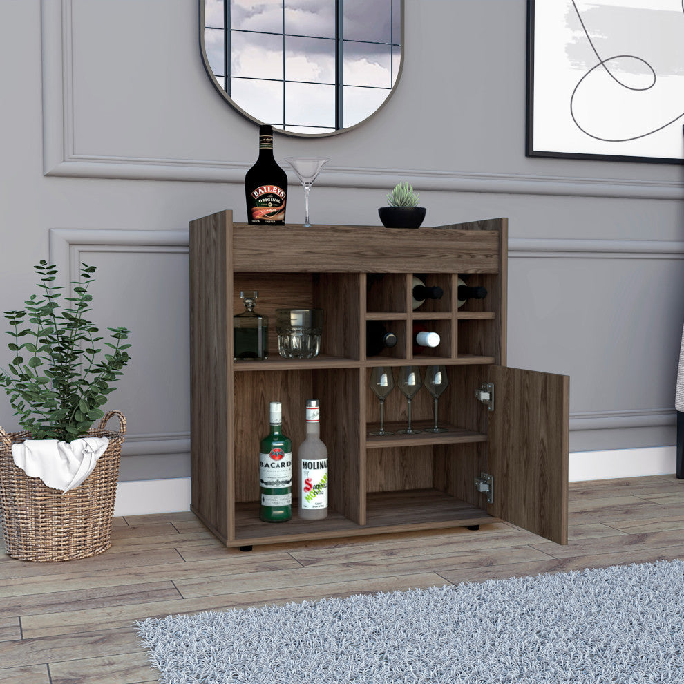 Leeds Bar Cabinet with 2 Open Shelves and 6 Wine Cubbies, Dark Walnut