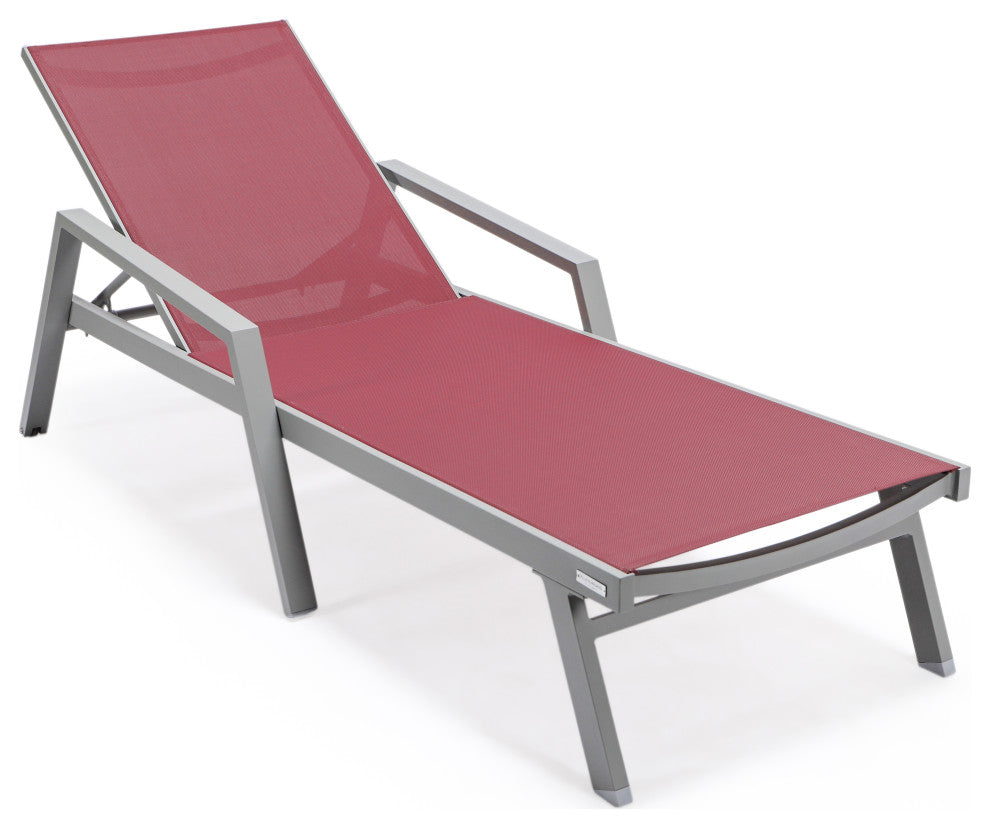 LeisureMod Marlin Chaise Lounge Chair With Arms and Fire Pit Table, Burgundy