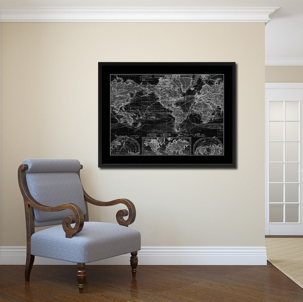 World Ocean Currents Monochrome Map Print On Canvas With Black Frame, 28" X 37"