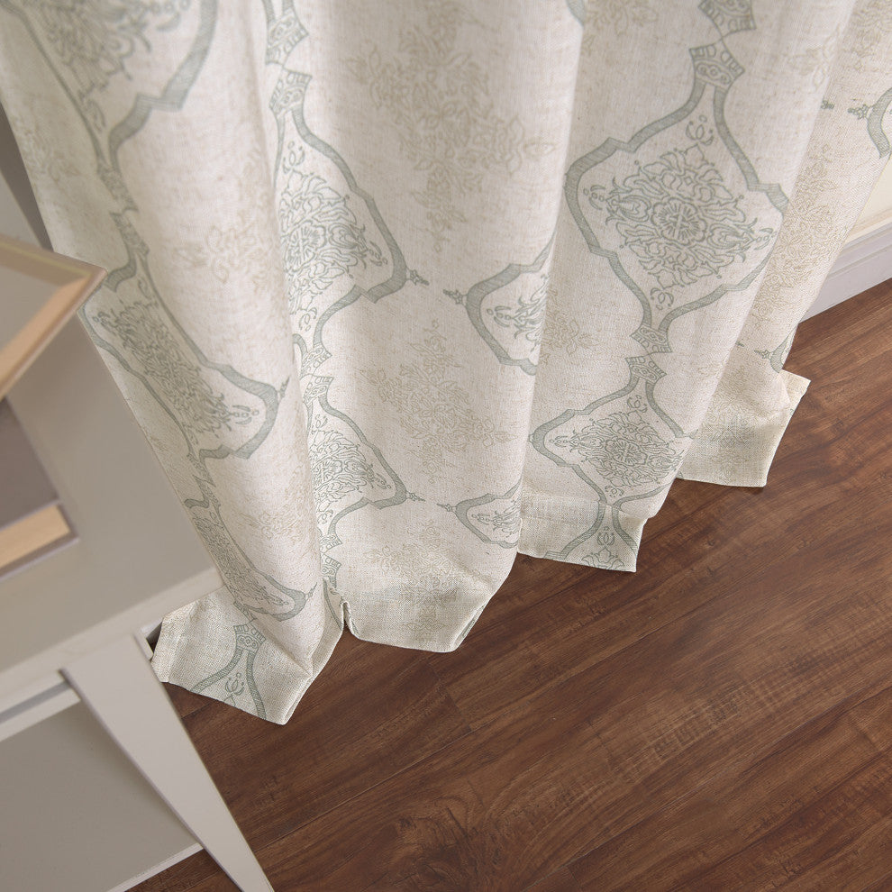 Damask Medallion Linen Blend Blackout Curtain, Sage, 52"x84"