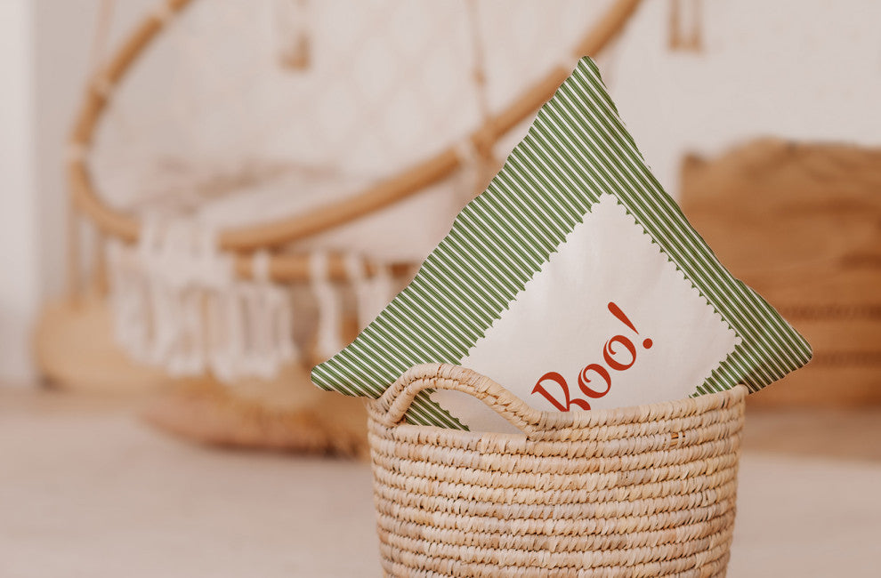 Halloween Boo Ticking Indoor/Outdoor Throw Pillow, Scallion, 20"x20"