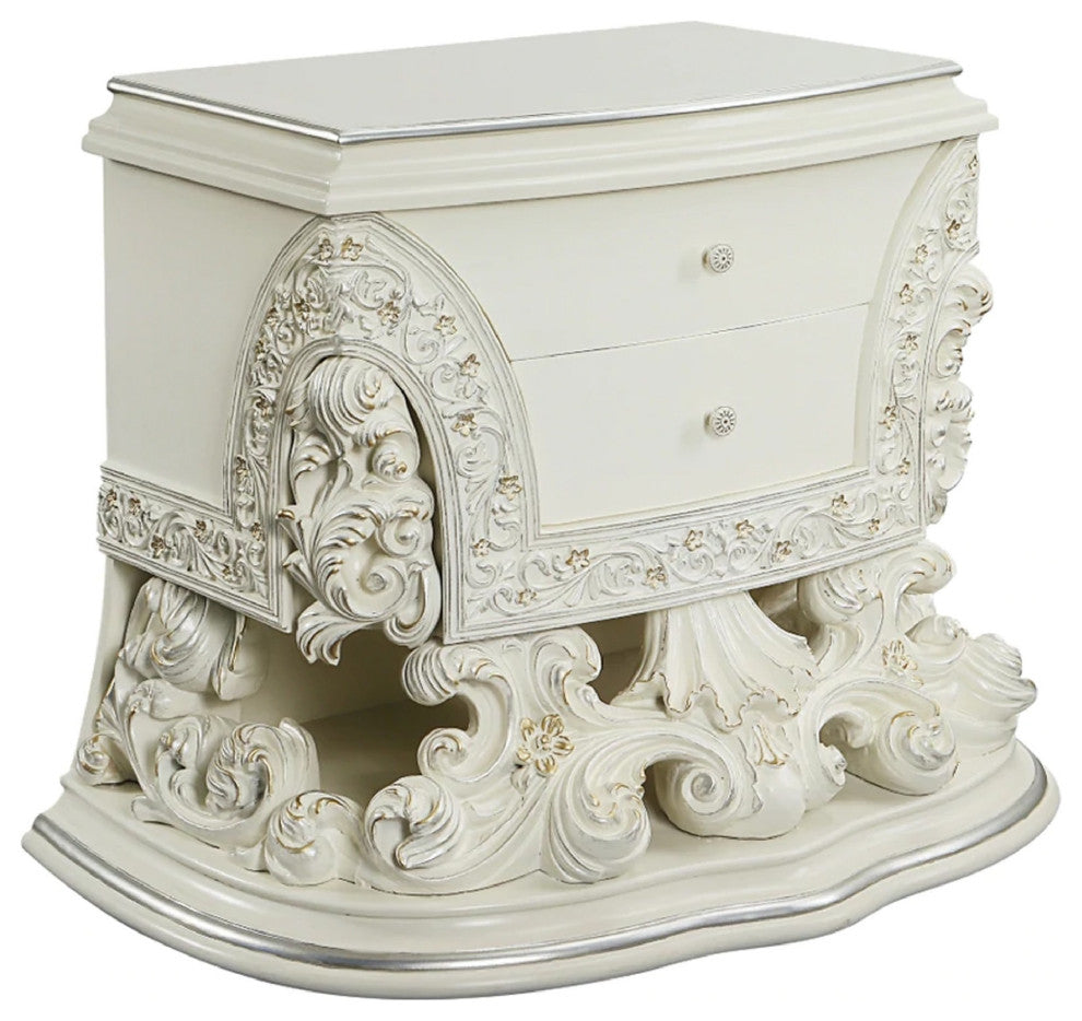 Benzara BM275674 40" Classic Ornate Carved Nightstand With 2 Drawer, Wood, White